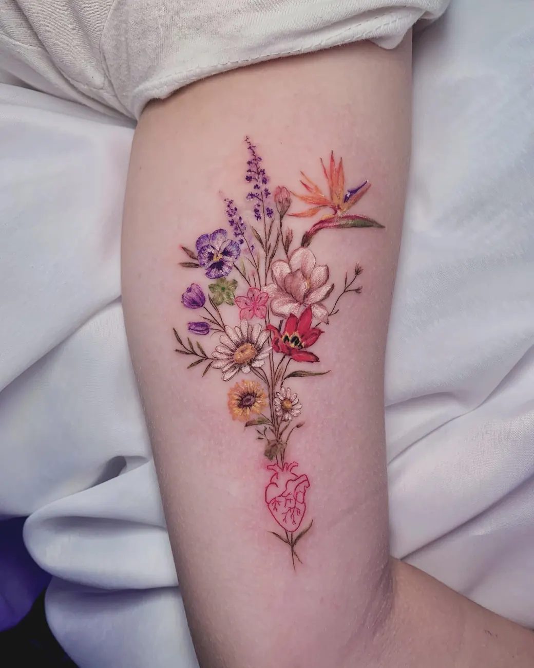 Tattoo: Color flower bouquet, arm